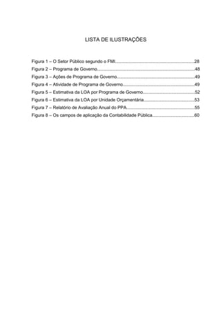10


                                   LISTA DE ILUSTRAÇÕES



Figura 1 – O Setor Público segundo o FMI................................................................28
Figura 2 – Programa de Governo...............................................................................48
Figura 3 – Ações de Programa de Governo...............................................................49
Figura 4 – Atividade de Programa de Governo..........................................................49
Figura 5 – Estimativa da LOA por Programa de Governo..........................................52
Figura 6 – Estimativa da LOA por Unidade Orçamentária.........................................53
Figura 7 – Relatório de Avaliação Anual do PPA.......................................................55
Figura 8 – Os campos de aplicação da Contabilidade Pública..................................60
 