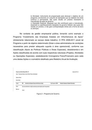 48


                    b) Atividade: instrumento de programação para alcançar o objetivo de um
                    programa, envolvendo um conjunto de operações que se realizam de modo
                    contínuo e permanente, das quais resulta um produto necessário à
                    manutenção da ação de governo;
                    c) Operação Especial: despesas que não contribuem para a manutenção,
                    expansão ou aperfeiçoamento dasações do governo federal, das quais não
                    resulta um produto, e não gera contraprestação direta sob a forma de bens
                    ou serviços.


       No contexto da gestão empresarial pública, tomando como exemplo o
Programa “Investimento das Empresas Estatais em Infra-Estrutura de Apoio”
(diretamente relacionado ao escopo deste trabalho). O PPA 2008-2011 prevê tal
Programa a partir de objetivo determinado (Dotar a área administrativa de condições
necessárias para prestar adequado suporte à área operacional), conforme sua
classificação (Apoio às Políticas Públicas e Áreas Especiais), desdobrando-o em
Ações classificadas de acordo com suas respectivas naturezas (Projetos, Atividades
ou Operações Especiais), estabelecendo Cronograma Físico/Financeiro para cada
uma destas Ações e o somatório detalhado para Relatório Anual de Avaliação.




                            Figura 2 – Programa de Governo.
 