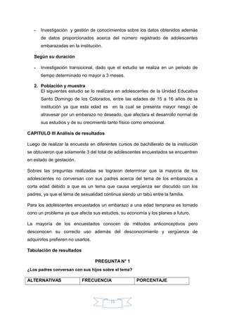 - Investigación y gestión de conocimientos sobre los datos obtenidos además
de datos proporcionados acerca del número registrado de adolescentes
embarazadas en la institución.
Según su duración
- Investigación transicional, dado que el estudio se realiza en un periodo de
tiempo determinado no mayor a 3 meses.
2. Población y muestra
El siguientes estudio se lo realizara en adolescentes de la Unidad Educativa
Santo Domingo de los Colorados, entre las edades de 15 a 16 años de la
institución ya que esta edad es en la cual se presenta mayor riesgo de
atravesar por un embarazo no deseado, que afectara el desarrollo normal de
sus estudios y de su crecimiento tanto físico como emocional.
CAPITULO III Análisis de resultados
Luego de realizar la encuesta en diferentes cursos de bachillerato de la institución
se obtuvieron que solamente 3 del total de adolescentes encuestados se encuentren
en estado de gestación.
Sobres las preguntas realizadas se lograron determinar que la mayoría de los
adolescentes no conversan con sus padres acerca del tema de los embarazos a
corta edad debido a que es un tema que causa vergüenza ser discutido con los
padres, ya que el tema de sexualidad continua siendo un tabú entre la familia.
Para los adolescentes encuestados un embarazo a una edad temprana es tomado
cono un problema ya que afecta sus estudios, su economía y los planes a futuro.
La mayoría de los encuestados conocen de métodos anticonceptivos pero
desconocen su correcto uso además del desconocimiento y vergüenza de
adquirirlos prefieren no usarlos.
Tabulación de resultados
PREGUNTA N° 1
¿Los padres conversan con sus hijos sobre el tema?
ALTERNATIVAS FRECUENCIA PORCENTAJE
15
 