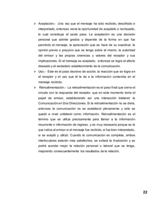 22
 Aceptación.- Una vez que el mensaje ha sido recibido, descifrado e
interpretado, entonces viene la oportunidad de aceptarlo o rechazarlo,
lo cual constituye el sexto paso. La aceptación es una decisión
personal que admite grados y depende de la forma en que fue
percibido el mensaje, la apreciación que se hace de su exactitud, la
opinión previa o prejuicio que se tenga sobre el mismo, la autoridad
del emisor y las propias creencias y valores del receptor y sus
implicaciones. Si el mensaje es aceptado, entonces se logra el efecto
deseado y el verdadero establecimiento de la comunicación.
 Uso.- Este es el paso decisivo de acción, la reacción que se logra en
el receptor y el uso que él le da a la información contenida en el
mensaje recibido.
 Retroalimentación.- La retroalimentación es el paso final que cierra el
circuito con la respuesta del receptor, que en este momento toma el
papel de emisor, estableciendo así una interacción bilateral: la
Comunicación en Dos Direcciones. Si la retroalimentación no se diera,
entonces la comunicación no se estableció plenamente y sólo se
quedó a nivel unilateral como información. Retroalimentación es el
término que se utiliza precisamente para llamar a la información
recurrente o información de regreso, y es muy necesaria porque es la
que indica al emisor si el mensaje fue recibido, si fue bien interpretado,
si se aceptó y utilizó. Cuando la comunicación es completa, ambos
interlocutores estarán más satisfechos, se evitará la frustración y se
podrá acordar mejor la relación personal o laboral que se tenga,
mejorando consecuentemente los resultados de la relación.
 