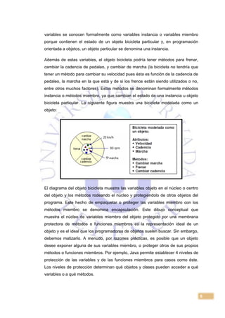 6
variables se conocen formalmente como variables instancia o variables miembro
porque contienen el estado de un objeto bicicleta particular y, en programación
orientada a objetos, un objeto particular se denomina una instancia.
Además de estas variables, el objeto bicicleta podría tener métodos para frenar,
cambiar la cadencia de pedaleo, y cambiar de marcha (la bicicleta no tendría que
tener un método para cambiar su velocidad pues ésta es función de la cadencia de
pedaleo, la marcha en la que está y de si los frenos están siendo utilizados o no,
entre otros muchos factores). Estos métodos se denominan formalmente métodos
instancia o métodos miembro, ya que cambian el estado de una instancia u objeto
bicicleta particular. La siguiente figura muestra una bicicleta modelada como un
objeto:
El diagrama del objeto bicicleta muestra las variables objeto en el núcleo o centro
del objeto y los métodos rodeando el núcleo y protegiéndolo de otros objetos del
programa. Este hecho de empaquetar o proteger las variables miembro con los
métodos miembro se denomina encapsulación. Este dibujo conceptual que
muestra el núcleo de variables miembro del objeto protegido por una membrana
protectora de métodos o funciones miembros es la representación ideal de un
objeto y es el ideal que los programadores de objetos suelen buscar. Sin embargo,
debemos matizarlo. A menudo, por razones prácticas, es posible que un objeto
desee exponer alguna de sus variables miembro, o proteger otros de sus propios
métodos o funciones miembros. Por ejemplo, Java permite establecer 4 niveles de
protección de las variables y de las funciones miembros para casos como éste.
Los niveles de protección determinan qué objetos y clases pueden acceder a qué
variables o a qué métodos.
 