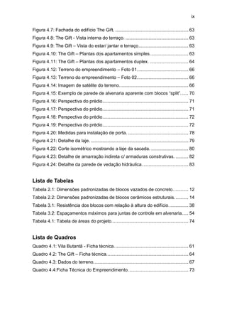 ix

Figura 4.7: Fachada do edifício The Gift. ......................................................... 63
Figura 4.8: The Gift - Vista interna do terraço. ................................................. 63
Figura 4.9: The Gift – Vista do estar/ jantar e terraço....................................... 63
Figura 4.10: The Gift – Plantas dos apartamentos simples. ............................. 63
Figura 4.11: The Gift – Plantas dos apartamentos duplex. .............................. 64
Figura 4.12: Terreno do empreendimento – Foto 01. ....................................... 66
Figura 4.13: Terreno do empreendimento – Foto 02. ....................................... 66
Figura 4.14: Imagem de satélite do terreno. ..................................................... 66
Figura 4.15: Exemplo de parede de alvenaria aparente com blocos “split”. ..... 70
Figura 4.16: Perspectiva do prédio ................................................................... 71
Figura 4.17: Perspectiva do prédio. .................................................................. 71
Figura 4.18: Perspectiva do prédio ................................................................... 72
Figura 4.19: Perspectiva do prédio ................................................................... 72
Figura 4.20: Medidas para instalação de porta. ............................................... 78
Figura 4.21: Detalhe da laje. ............................................................................ 79
Figura 4.22: Corte isométrico mostrando a laje da sacada. ............................. 80
Figura 4.23: Detalhe de amarração indireta c/ armaduras construtivas. .......... 82
Figura 4.24: Detalhe da parede de vedação hidráulica. ................................... 83


Lista de Tabelas
Tabela 2.1: Dimensões padronizadas de blocos vazados de concreto. ........... 12
Tabela 2.2: Dimensões padronizadas de blocos cerâmicos estruturais. .......... 14
Tabela 3.1: Resistência dos blocos com relação à altura do edifício. .............. 38
Tabela 3.2: Espaçamentos máximos para juntas de controle em alvenaria. .... 54
Tabela 4.1: Tabela de áreas do projeto. ........................................................... 74


Lista de Quadros
Quadro 4.1: Vila Butantã - Ficha técnica. ......................................................... 61
Quadro 4.2: The Gift – Ficha técnica................................................................ 64
Quadro 4.3: Dados do terreno. ......................................................................... 67
Quadro 4.4:Ficha Técnica do Empreendimento. .............................................. 73
 