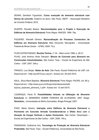 90
REFERÊNCIAS BIBLIOGRÁFICAS



DEANA, Davidson Figueiredo. Curso avançado de alvenaria estrutural com
blocos de concreto. Caderno do aluno. São Paulo: ABCP – Associação Brasileira
de Cimento Portland, 2010.


DUARTE, Ronaldo Bastos. Recomendações para o Projeto e Execução de
Edifícios de Alvenaria Estrutural. Porto Alegre: ANICER, 1999. 79p.


FIGUEIRÓ, Wendell Oliveira. Racionalização do Processo Construtivo de
Edifícios em Alvenaria Estrutural. Belo Horizonte: Monografia - Universidade
Federal de Minas Gerais – UFMG, 2009. 75 p.


FILÃO ESTRUTURADO. Revista Téchne. no 34 – Maio-Junho 1998. p. 26-31.
FILHO, José Américo Alves Salvador. Blocos de Concreto para Alvenaria em
Construções Industrializadas. São Carlos: Tese – Escola de Engenharia de São
Carlos – USP, 2007. 246 p.


FRANCO, Luiz Sérgio. Notas de Aula. São Paulo: Escola Politécnica da USP, s/d.
Disponível em: <http://pcc2515.pcc.usp.br>. Acesso em: 26 abril 2010.


KALIL, Sílvia Maria Baptista. Alvenaria Estrutural. Porto Alegre: PUCRS, s/d. 86 p.
Disponível em: <http://www.pucrs.br/feng/civil/professores/kalil/
topicos_especiais_alvenaria_1.pdf>. Acesso em: 12 abril 2010.


LOURENÇO, Paulo B. Possibilidades Actuais na Utilização da Alvenaria
Estrutural. In: SEMINÁRIO SOBRE PAREDES DE ALVENARIA, 2007, Braga.
Seminário... Universidade do Minho Guimarães, Braga-Portugal, 2007.


PAES, Marta Silveira. Interação entre Edifícios de Alvenaria Estrutural e
Pavimento em Concreto Armado Considerando-se o Efeito Arco com a
Atuação de Cargas Verticais e Ações Horizontais. São Carlos: Dissertação –
Escola de Engenharias de São Carlos – USP, 2008. 140 p.


PARSEKIAN, Guilherme Aris. Tecnologia de Produção de Alvenaria Estrutural
Protendida. São Paulo: Tese – Escola Politécnica, Universidade de São Paulo.
 