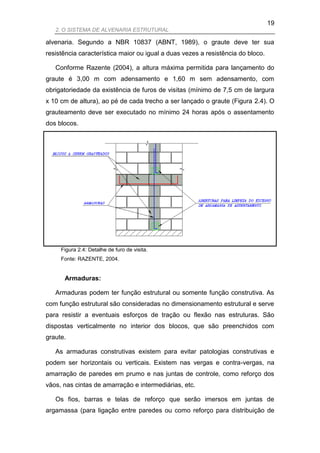 19
   2. O SISTEMA DE ALVENARIA ESTRUTURAL

alvenaria. Segundo a NBR 10837 (ABNT, 1989), o graute deve ter sua
resistência característica maior ou igual a duas vezes a resistência do bloco.

   Conforme Razente (2004), a altura máxima permitida para lançamento do
graute é 3,00 m com adensamento e 1,60 m sem adensamento, com
obrigatoriedade da existência de furos de visitas (mínimo de 7,5 cm de largura
x 10 cm de altura), ao pé de cada trecho a ser lançado o graute (Figura 2.4). O
grauteamento deve ser executado no mínimo 24 horas após o assentamento
dos blocos.




     Figura 2.4: Detalhe de furo de visita.
     Fonte: RAZENTE, 2004.


      Armaduras:

   Armaduras podem ter função estrutural ou somente função construtiva. As
com função estrutural são consideradas no dimensionamento estrutural e serve
para resistir a eventuais esforços de tração ou flexão nas estruturas. São
dispostas verticalmente no interior dos blocos, que são preenchidos com
graute.

   As armaduras construtivas existem para evitar patologias construtivas e
podem ser horizontais ou verticais. Existem nas vergas e contra-vergas, na
amarração de paredes em prumo e nas juntas de controle, como reforço dos
vãos, nas cintas de amarração e intermediárias, etc.

   Os fios, barras e telas de reforço que serão imersos em juntas de
argamassa (para ligação entre paredes ou como reforço para distribuição de
 