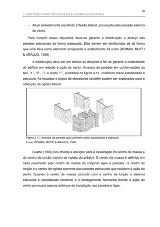 39
3. DIRETRIZES PARA PROJETOS EM ALVENARIA ESTRUTURAL



    Atuar isoladamente resistindo à flexão lateral, provocada pela pressão externa
       do vento.

   Para cumprir esses requisitos deve-se garantir a distribuição e arranjo das
paredes estruturais de forma adequada. Elas devem ser distribuídas de tal forma
que uma atue como elemento enrijecedor e estabilizador da outra (ROMAN, MUTTI
& ARAÚJO, 1999).

       A distribuição deve ser em ambas as direções a fim de garantir a estabilidade
do edifício em relação à ação do vento. Arranjos de paredes em conformações do
tipo, “L”, “C”, “T” e duplo “T”, ilustrados na figura 4.11, conferem maior estabilidade à
estrutura. As escadas e poços de elevadores também podem ser explorados para a
obtenção de rigidez lateral.




  Figura 3.11: Arranjos de paredes que conferem maior estabilidade à estrutura.
  Fonte: ROMAN, MUTTI & ARAÚJO, 1999.


       Duarte (1999) nos chama a atenção para a localização do centro de massa e
do centro de torção (centro de rigidez do prédio). O centro de massa é definido em
cada pavimento pelo centro de massa do conjunto lajes e paredes. O centro de
torção é o centro de rigidez somente das paredes estruturais que resistem à ação do
vento. Quando o centro de massa coincidir com o centro de torção o sistema
estrutural é considerado simétrico e o carregamento horizontal devido à ação do
vento provocará apenas esforços de translação nas paredes e lajes.
 