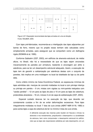 51
3. DIRETRIZES PARA PROJETOS EM ALVENARIA ESTRUTURAL




        Figura 3.27: Disposição recomendada das lajes armadas em uma só direção.
        Fonte: RAUBER, 2005.


   Com lajes pré-fabricadas, recomenda-se a interligação das lajes adjacentes por
barras de ferro, mesmo que no projeto essas tenham sido calculadas como
simplesmente armadas, para assegurar que se comportem como um diafragma
rígido (ROMAN et al, 1999).

   Conforme Sabbatini (CEF, 2003), em edifícios de alvenaria estrutural, de média
altura, no Brasil, não há a necessidade de que as lajes sejam ancoradas
mecanicamente às paredes por armadura, bastando à ancoragem por atrito e
aderência, para se ter um desempenho estrutural adequado. Assim, a execução de
lajes tem de garantir a solidarização por aderência destas com o conjunto de
paredes. Isto implica em uma moldagem no local da totalidade da laje ou de parte
dela.

   Como critério mínimo da Caixa Econômica Federal, as espessuras mínimas de
lajes admitidas são: maciças de concreto moldadas no local e com pré-laje inteiriça
ou pré-laje em painéis – 9 cm; mistas com vigotas ou mini-painéis treliçados com
“caixão perdido” – 12 cm para as lajes de piso e 10 cm para as lajes de cobertura;
protendidas alveolares – 16 cm, incluso 4 cm de capa de solidarização (CEF, 2003).

         Especial cuidado deve-se ter na execução da laje, que deverão ser
corretamente curadas a fim de se evitar deformações excessivas. Para lajes
integralmente moldadas no local: 7 dias de cura úmida (ABNT NBR 6118, 1980) e
para outras lajes a capa de cobertura de ter no mínimo 3 dias de cura úmida.

                        A deficiente execução das mesmas pode resultar em fissuras e trincas na
                        alvenaria e nos revestimentos, prejudicando o desempenho e a durabilidade
                        da estrutura, bem como comprometer o desempenho estrutural do edifício,
                        visto que as lajes são responsáveis solidárias por este desempenho, em um
 
