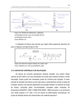 53
3. DIRETRIZES PARA PROJETOS EM ALVENARIA ESTRUTURAL




                        (a)                                       (b)
     Figura 3.29: Detalhe da interface laje – platibanda.
     (a) Modulação de piso a piso com proteção térmica.
     (b) Modulação de piso a teto.
     Fonte: BRICKA, s/d.


      A utilização de blocos jota permite que sejam feitos pequenos desníveis de
piso ou degraus nas lajes (Figura 3.30).




     Figura 3.30: Desnível e degrau obtidos com o bloco “jota”.
     Fonte: FRANCO et al, 1991 apud RAZENTE, 2004.


3.13 JUNTAS DE CONTROLE E DE DILATAÇÃO

      Os blocos de concreto apresentam elevada retração, que podem atingir
valores de até 0,06% e por isso necessitam de juntas para dissipar tensões e evitar
fissuração. Essas juntas são chamadas juntas de controle para retração. A maior
parcela de retração dos blocos ocorre logo após o assentamento devido à perda de
umidade, todavia uma parcela significativa da retração também se estende ao longo
do tempo, acrescida pelas movimentações causadas pelas variações de
temperatura (DUARTE, 1999). A NBR 8798 (ABNT, 1985) preconiza o uso de blocos
com idade superior a 21 dias, a fim de reduzir as deformações volumétricas. As
juntas de retração devem ser preenchidas com material expansivo.
 