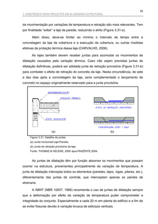 55
3. DIRETRIZES PARA PROJETOS EM ALVENARIA ESTRUTURAL



da movimentação por variações de temperatura e retração são mais relevantes. Tem
por finalidade “soltar” a laje da parede, reduzindo o atrito (Figura 3.31-a).

       Além disso, deve-se limitar ao mínimo o intervalo de tempo entre a
concretagem da laje de cobertura e a execução da cobertura, ou outras medidas
efetivas de proteção térmica dessa laje (CARVALHO, 2006).

       As lajes também devem receber juntas para acomodar os movimentos de
dilatação causados pela variação térmica. Caso não sejam previstas juntas de
dilatação definitivas, poderá ser adotada junta de retração provisória (Figura 3.31-b)
para combater o efeito de retração do concreto da laje. Nesta circunstância, de sete
a dez dias após a concretagem da laje, seria complementado o lançamento de
concreto no espaço originalmente reservado para a junta provisória.




                        (a)                                      (b)
     Figura 3.31: Detalhe de juntas.
     (a) Junta horizontal Laje-Parede;
     (b) Junta de retração provisória da laje.
     Fonte: THOMAZ & HELENE, 2000 apud RAZENTE,2004.


       As juntas de dilatação têm por função absorver os movimentos que possam
ocorrer na estrutura, provenientes principalmente da variação de temperatura. A
junta de dilatação intercepta todos os elementos (paredes, lajes, vigas, pilares, etc.),
diferentemente das juntas de controle, que interceptam apenas os painéis de
alvenaria.

       A ABNT (NBR 10837, 1989) recomenda o uso de juntas de dilatação sempre
que a deformação por efeito da variação de temperatura puder comprometer a
integridade do conjunto. Especialmente a cada 20 m em planta do edifício e a fim de
se evitar fissuras devido à variação brusca de esforços verticais.
 