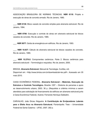 88
REFERÊNCIAS BIBLIOGRÁFICAS



ASSOCIAÇÃO BRASILEIRA DE NORMAS TÉCNICAS. NBR 6118: Projeto e
execução de obras de concreto armado. Rio de Janeiro, 1980.


___. NBR 6136: Bloco vazado de concreto simples para alvenaria estrutural. Rio de
Janeiro, 1994.


___. NBR 8798: Execução e controle de obras em alvenaria estrutural de blocos
vazados de concreto. Rio de Janeiro, 1985.


___. NBR 9077: Saída de emergência em edifícios. Rio de Janeiro, 1993.


___. NBR 10.837: Cálculo de alvenaria estrutural de blocos vazados de concreto.
Rio de Janeiro, 1989.


___. NBR 15.270-2: Componentes cerâmicos. Parte 2: Blocos cerâmicos para
alvenaria estrutural – Terminologia e requisitos. Rio de Janeiro, 2005.


BRICKA. Alvenaria Estrutural. Manual de Tecnologia. Curitiba, s/d.
Disponível em: <http://www.bricka.com.br/downloads/alv-tec.pdf>. Acessado em 05
maio 2010.


CAIXA ECONÔMICA FEDERAL. Alvenaria Estrutural – Materiais, Execução da
Estrutura e Controle Tecnológico. Brasília: CEF – Diretoria de parcerias e apoio
ao desenvolvimento urbano, 2003. 36 p. (Requisitos e critérios mínimos a serem
atendidos para solicitação de financiamento de edifícios em alvenaria estrutural junto
à Caixa Econômica Federal). Autoria: Fernando Henrique Sabbatini.


CARVALHO, João Dirceu Nogueira. A Contribuição de Enrijecedores Laterais
para o Efeito Arco na Alvenaria Estrutural. Florianópolis: Tese – Universidade
Federal de Santa Catarina – UFSC, 2007. 282 p.
 