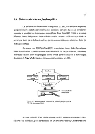 22

1.3 Sistemas de Informação Geográfica


          Os Sistemas de Informações Geográficas ou SIG, são sistemas especiais
que possibilitam o trabalho com informações espaciais. Com eles é possível armazenar,
consultar e visualizar as informações geográficas. Para CÂMARA (2005) a principal
diferença de um SIG para um sistema de informação convencional é sua capacidade de
armazenar tanto os atributos descritivos como as geometrias dos diferentes tipos de
dados geográficos.

          De acordo com TAMBASCIA (2005), a arquitetura de um SIG é formada por
vários componentes como sistema de armazenamento de dados espaciais, servidores
de mapas e dados além de aplicações cliente e Web para visualização e manipulação
dos dados. A Figura 1.3 mostra os componentes básicos de um SIG.




               Figura 1.3: Arquitetura de sistemas de informação geográfica.
               FONTE: Câmara (2005).




          No nível mais alto fica a interface com o usuário, essa camada define como o
sistema será controlado, pode ser baseada em um ambiente "desktop", lembrando uma
 