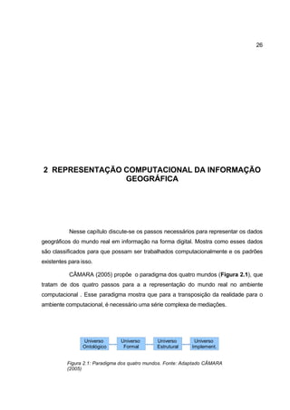 26




2 REPRESENTAÇÃO COMPUTACIONAL DA INFORMAÇÃO
                GEOGRÁFICA




           Nesse capítulo discute-se os passos necessários para representar os dados
geográficos do mundo real em informação na forma digital. Mostra como esses dados
são classificados para que possam ser trabalhados computacionalmente e os padrões
existentes para isso.

           CÂMARA (2005) propõe o paradigma dos quatro mundos (Figura 2.1), que
tratam de dos quatro passos para a a representação do mundo real no ambiente
computacional . Esse paradigma mostra que para a transposição da realidade para o
ambiente computacional, é necessário uma série complexa de mediações.




                Universo       Universo       Universo       Universo
                Ontológico      Formal        Estrutural    Implement.


          Figura 2.1: Paradigma dos quatro mundos. Fonte: Adaptado CÂMARA
          (2005)
 