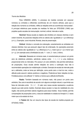 29

Teoria das Medidas

           Para CÂMARA (2005), “o processo de medida consiste em associar
números ou símbolos a diferentes ocorrências de um mesmo atributo, para que a
relação dos números ou símbolos, reflita as relações entre as ocorrências mensuradas”.
A principal referência para escalas de medidas foi feito por STEVENS (1946) que
propões quatro escalas de mensuração: nominal, ordinal, intervalo e razão.

           Nominal: Nessa escala os objetos são divididos em classes distintas e sem
ordem inerente. As possíveis relações entre os valores são: Igualdade (x = y) e diferença
(x ≠ y ). Exemplos: zona industrial, floresta, área de preservação.

           Ordinal: Introduz o conceito de ordenação, caracterizando as entidades em
classes distintas mas que possuem algum tipo de ordenação. As operações possíveis
entre os valores são: Igualdade (x = y), diferença (x ≠ y ), maior que (x > y) e menor que
(x < y). Um exemplo seria a fertilidade do solo: 1 – ruim, 2 – bom, 3-ótimo.

           Intervalo: Baseada em números reais, é caracterizada por possuir um ponto
zero de referência arbitrário, admitindo valores entre       [−∞ ,∞] e uma distância
proporcional entre os intervalos. Por possuir um zero arbitrário, não permite estimativas
de proporções. Essa escala admite relações de soma e subtração mas não é
recomendado operações de multiplicação e divisão. Exemplo de escala de intervalo pode
ser a altimetria, onde se toma por definição, como ponto zero o nível do mar, onde a
altitude pode assumir valores positivos e negativos. Podendo-se fazer relações do tipo,
Fortaleza possui uma altitude “x” metros a menos que a altitude de Brasília.

           Razão: Também baseada em números reais, não possui um ponto zero
arbitrário. Seu zero é escolhido de acordo com alguma condição natural, o que limita sua
faixa de intervalos entre   [0,∞ ] . O valor zero nessa escala representa a ausência
daquilo que está sendo medido. Exemplo dessa escala é a taxa de natalidade de uma
região, não sendo permitido valores negativos para essa medida. Essa medida, permite
comparações de proporções como, a taxa de natalidade no estado do Amapá é “y” vezes
maior que a do estado do Acre.

           A Tabela 2.2, faz um resumo dos tipos de escala de medida proposto por
STVENS (1946):
 