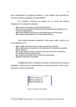 37

estas representadas por polígonos fechados). A cada entidade está associado um
conjunto de atributos guardados no formato dBASE10".

            Um shapefile é composto na realidade por no mínimo três arquivos
obrigatórios com as seguintes extensões:

    •   .shp: arquivo que guarda as os atributos geométricos.
    •   .shx: arquivo que guarda os índices dos atributos geométricos, ligando-os com
        os atributos alfanuméricos.
    •   .dbf: arquivo dBASE que guarda as informações sobre os atributos das
        alfanuméricos relacionados com os atributos geométricos.


            Além dessas extensões obrigatórias, ainda podem existir arquivos com
outras extensões como:

    •   .sbn ou .sbx: arquivo que guarda o índice espacial das entidades.
    •   .fbn ou .fbx: arquivo que guarda o índice espacial dos atributos para shapefiles
        apenas de leitura.
    •   .ain ou .aih: guarda o índice do atributo dos campos ativos de uma tabela ou
        uma tabela de atributos alfanuméricos.
    •   .prj: guarda a informação sobre o sistema de coordenadas.
    •   .shp.xml: metadados da shapefile.


            A Figura 2.8 mostra um exemplo de shapefile, composta pelos três arquivos
obrigatórios., observa-se que é necessário todos os arquivos possuírem o mesmo nome,
mudando-se apenas sua extensão.




                             Figura 2.8: Exemplo de shapefile.




10 Um tipo de SGBD, cujo os arquivos ".dbf" ainda são muito utilizados por outros aplicativos.
 