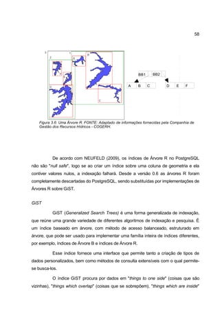 58




                                                          BB1       BB2


                                                    A     B     C         D    E    F




    Figura 3.6: Uma Árvore R. FONTE: Adaptado de informações fornecidas pela Companhia de
    Gestão dos Recursos Hídricos - COGERH.




           De acordo com NEUFELD (2009), os índices de Árvore R no PostgreSQL
não são "null safe", logo se ao criar um índice sobre uma coluna de geometria e ela
contiver valores nulos, a indexação falhará. Desde a versão 0.6 as árvores R foram
completamente descartadas do PostgreSQL, sendo substituídas por implementações de
Árvores R sobre GiST.


GiST

           GiST (Generalized Search Trees) é uma forma generalizada de indexação,
que reúne uma grande variedade de diferentes algoritmos de indexação e pesquisa. É
um índice baseado em árvore, com método de acesso balanceado, estruturado em
árvore, que pode ser usado para implementar uma família inteira de índices diferentes,
por exemplo, índices de Árvore B e índices de Árvore R.

           Esse índice fornece uma interface que permite tanto a criação de tipos de
dados personalizados, bem como métodos de consulta extensíveis com o qual permite-
se busca-los.

           O índice GiST procura por dados em "things to one side" (coisas que são
vizinhas), "things which overlap" (coisas que se sobrepõem), "things which are inside"
 