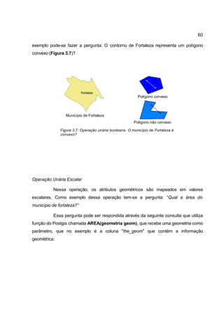 60

exemplo pode-se fazer a pergunta: O contorno de Fortaleza representa um polígono
convexo (Figura 3.7)?




                                                         Polígono convexo



                 Município de Fortaleza
                                                       Polígono não convexo

              Figura 3.7: Operação unária booleana. O município de Fortaleza é
              convexo?




Operação Unária Escalar

           Nessa operação, os atributos geométricos são mapeados em valores
escalares. Como exemplo dessa operação tem-se a pergunta: “Qual a área do
município de fortaleza?”

           Essa pergunta pode ser respondida através da seguinte consulta que utiliza
função do Postgis chamada AREA(geometria geom), que recebe uma geometria como
parâmetro, que no exemplo é a coluna "the_geom" que contém a informação
geométrica:
 