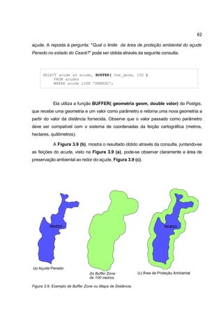 62

açude. A reposta à pergunta: "Qual o limite da área de proteção ambiental do açude
Penedo no estado do Ceará?" pode ser obtida através da seguinte consulta.



      SELECT acude as acude, BUFFER( the_geom, 100 )
           FROM acudes
           WHERE acude LIKE 'PENEDO';




           Ela utiliza a função BUFFER( geometria geom, double valor) do Postgis,
que recebe uma geometria e um valor como parâmetro e retorna uma nova geometria a
partir do valor da distância fornecida. Observe que o valor passado como parâmetro
deve ser compatível com o sistema de coordenadas da feição cartográfica (metros,
hectares, quilômetros).

           A Figura 3.9 (b), mostra o resultado obtido através da consulta, juntando-se
as feições do acude, visto na Figura 3.9 (a), pode-se observar claramente a área de
preservação ambiental ao redor do açude, Figura 3.9 (c).




(a) Açude Penedo
                                (b) Buffer Zone            (c) Área de Proteção Ambiental
                                de 100 metros

Figura 3.9: Exemplo de Buffer Zone ou Mapa de Distância.
 