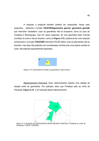 66



           A resposta a pregunta também poderia ser respondida, nesse caso
específico, utilizando a função TOUCHES(geometria geomA, geometria geomB)
que retornaria “verdadeiro” caso as geometrias não se tocassem, como no caso de
Fortaleza e Maranguape, mas em casos especiais, de uma geometria estar incluída
(contida) na outra e não se tocarem, como na Figura 3.13, poderia-se ter uma resposta
errônea pois o a função TOUCHES retornaria FALSE (falso), pois as geometrias não se
tocariam, mas elas não poderiam ser consideradas vizinhas pois uma estaria contida na
outra, não estando espacialmente separadas.




                               A
                                        B



           Figura 3.13: Geometria B contida na geometria A sem tocá-la.




           Relacionamento Direcional: Esse relacionamento declara uma relação de
direção entre as geometrias. Por exemplo, dizer que Fortaleza esta ao norte de
Pacatuba, Figura 3.14, é um exemplo desse relacionamento.




  Figura 3.14: Exemplo de relacionamento Binário Booleano Direcional. Fortaleza ao norte de
  Pacatuba. FONTE: COGERH.
 