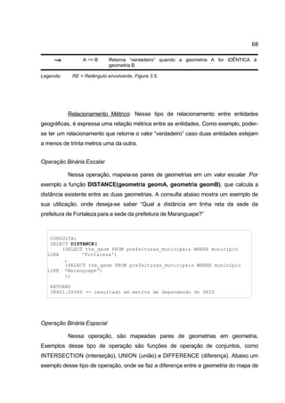 68

     ~=         A ~= B      Retorna “verdadeiro” quando a geometria A for IDÊNTICA à
                            geometria B.

Legenda:    RE = Retângulo envolvente, Figura 3.5.




           Relacionamento Métrico: Nesse tipo de relacionamento entre entidades
geográficas, é expressa uma relação métrica entre as entidades. Como exemplo, poder-
se ter um relacionamento que retorne o valor “verdadeiro” caso duas entidades estejam
a menos de trinta metros uma da outra.


Operação Binária Escalar

           Nessa operação, mapeia-se pares de geometrias em um valor escalar .Por
exemplo a função DISTANCE(geometria geomA, geometria geomB), que calcula a
distância existente entre as duas geometrias. A consulta abaixo mostra um exemplo de
sua utilização, onde deseja-se saber “Qual a distância em linha reta da sede da
prefeitura de Fortaleza para a sede da prefeitura de Maranguape?”



   CONSULTA:
   SELECT DISTANCE(
       (SELECT the_geom FROM prefeituras_municipais WHERE municipio
  LIKE        'Fortaleza')
        ,
        (SELECT the_geom FROM prefeituras_municipais WHERE municipio
  LIKE 'Maranguape')
        );

   RETORNO
   38861.26086 -- resultado em metros de dependendo do SRID




Operação Binária Espacial

           Nessa operação, são mapeadas pares de geometrias em geometria.
Exemplos desse tipo de operação são funções de operação de conjuntos, como
INTERSECTION (interseção), UNION (união) e DIFFERENCE (diferença). Abaixo um
exemplo desse tipo de operação, onde se faz a diferença entre a geometria do mapa de
 