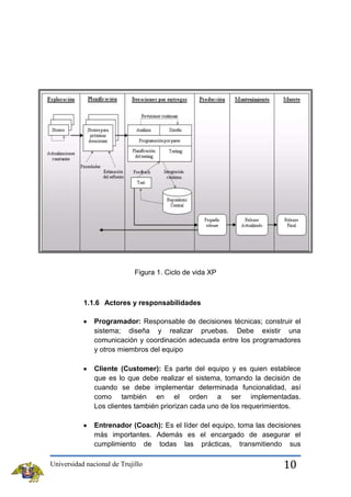 Figura 1. Ciclo de vida XP

1.1.6 Actores y responsabilidades
Programador: Responsable de decisiones técnicas; construir el
sistema; diseña y realizar pruebas. Debe existir una
comunicación y coordinación adecuada entre los programadores
y otros miembros del equipo
Cliente (Customer): Es parte del equipo y es quien establece
que es lo que debe realizar el sistema, tomando la decisión de
cuando se debe implementar determinada funcionalidad, así
como también en el orden a ser implementadas.
Los clientes también priorizan cada uno de los requerimientos.
Entrenador (Coach): Es el líder del equipo, toma las decisiones
más importantes. Además es el encargado de asegurar el
cumplimiento de todas las prácticas, transmitiendo sus
Universidad nacional de Trujillo

10

 