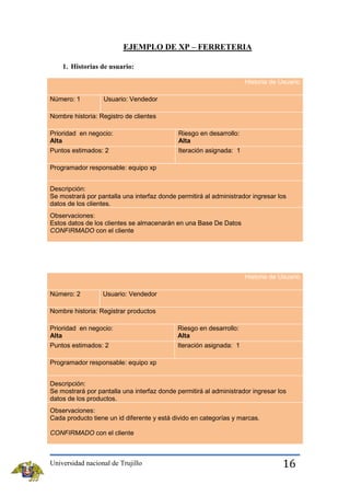 EJEMPLO DE XP – FERRETERIA
1. Historias de usuario:
Historia de Usuario
Número: 1

Usuario: Vendedor

Nombre historia: Registro de clientes
Prioridad en negocio:
Alta

Riesgo en desarrollo:
Alta

Puntos estimados: 2

Iteración asignada: 1

Programador responsable: equipo xp
Descripción:
Se mostrará por pantalla una interfaz donde permitirá al administrador ingresar los
datos de los clientes.
Observaciones:
Estos datos de los clientes se almacenarán en una Base De Datos
CONFIRMADO con el cliente

Historia de Usuario
Número: 2

Usuario: Vendedor

Nombre historia: Registrar productos
Prioridad en negocio:
Alta
Puntos estimados: 2

Riesgo en desarrollo:
Alta
Iteración asignada: 1

Programador responsable: equipo xp
Descripción:
Se mostrará por pantalla una interfaz donde permitirá al administrador ingresar los
datos de los productos.
Observaciones:
Cada producto tiene un id diferente y está divido en categorías y marcas.
CONFIRMADO con el cliente

Universidad nacional de Trujillo

16

 