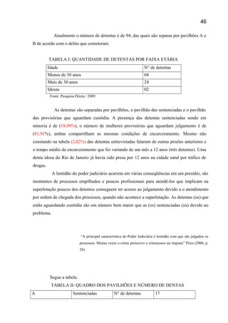 Atualmente o número de detentas é de 94, das quais são separas por pavilhões A e
B de acordo com o delito que cometeram.
TABELA I: QUANTIDADE DE DETENTAS POR FAIXA ETÁRIA
Idade N° de detentas
Menos de 30 anos 68
Mais de 30 anos 24
Idosas 02
Fonte: Pesquisa Direta / 2009
As detentas são separadas por pavilhões, o pavilhão das sentenciadas e o pavilhão
das provisórias que aguardam custódia. A presença das detentas sentenciadas sendo em
minoria é de (18,09%), o número de mulheres provisórias que aguardam julgamento é de
(81,91%), ambas compartilham as mesmas condições de encarceramento. Mesmo não
constando na tabela (2,82%) das detentas entrevistadas falaram de outras prisões anteriores e
o tempo médio de encarceramento que foi variando de um mês a 12 anos (três detentas). Uma
denta idosa do Rio de Janeiro já havia sido presa por 12 anos na cidade natal por tráfico de
drogas.
A lentidão do poder judiciário acarreta em várias conseqüências em um presídio, são
montantes de processos empilhados e poucos profissionais para atendê-los que implicam na
superlotação poucos dos detentos conseguem ter acesso ao julgamento devido a o atendimento
por ordem de chegada dos processos, quando não acontece a superlotação. As detentas (os) que
estão aguardando custódia são em número bem maior que as (os) sentenciadas (os) devido ao
problema.
“A principal característica do Poder Judiciária é lentidão com que são julgados os
processos. Muitas vezes o crime prescreve e criminosos sai impune” Pires (2006, p.
29).
Segue a tabela:
TABELA II: QUADRO DOS PAVILHÕES E NÚMERO DE DENTAS
A Sentenciadas N° de detentas 17
46
 