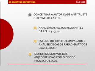 OS OBJETIVOS ESPECÍFICOS
CONCEITUAR A AUTORIDADE ANTITRUSTE
E O CRIME DE CARTEL
ANALISAR ASPECTOS RELEVANTES
DA LEI 12.529/2011
ESTUDO DO DIREITO COMPARADO E
ANÁLISE DE CASOS PARADIGMÁTICOS
BRASILEIROS
DEFINIR OS MOTIVOS DAS
(IN)COERÊNCIAS COM O DEVIDO
PROCESSO LEGAL
PAG 02/30
 