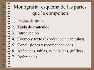 Monografía: esquema de las partes
que la componen
1. Página de título
2. Tabla de contenido
3. Introducción
4. Cuerpo y texto (expresado en capítulos)
5. Conclusiones y recomendaciones
6. Apéndices, tablas, estadísticas, gráficas
7. Referencias
 