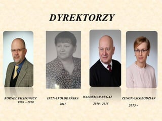 DYREKTORZY
KORNEL FILIPOWICZ
1996 - 2010
WALDEMAR BUGAJ
2010 - 2015
ZENONA SŁOBODZIAN
2015 -
IRENA KOŁODYŃSKA
2011
 