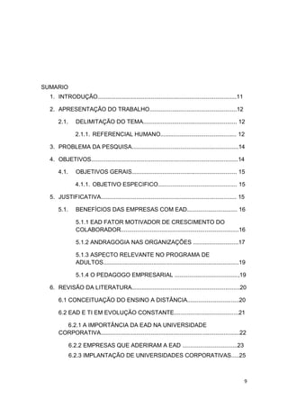 9
SUMARIO
1. INTRODUÇÃO......................................................................................11
2. APRESENTAÇÃO DO TRABALHO......................................................12
2.1. DELIMITAÇÃO DO TEMA.......................................................... 12
2.1.1. REFERENCIAL HUMANO............................................... 12
3. PROBLEMA DA PESQUISA..................................................................14
4. OBJETIVOS...........................................................................................14
4.1. OBJETIVOS GERAIS................................................................. 15
4.1.1. OBJETIVO ESPECIFICO................................................. 15
5. JUSTIFICATIVA.................................................................................... 15
5.1. BENEFÍCIOS DAS EMPRESAS COM EAD............................... 16
5.1.1 EAD FATOR MOTIVADOR DE CRESCIMENTO DO
COLABORADOR.........................................................................16
5.1.2 ANDRAGOGIA NAS ORGANIZAÇÕES ............................17
5.1.3 ASPECTO RELEVANTE NO PROGRAMA DE
ADULTOS....................................................................................19
5.1.4 O PEDAGOGO EMPRESARIAL .......................................,19
6. REVISÃO DA LITERATURA...................................................................20
6.1 CONCEITUAÇÃO DO ENSINO A DISTÂNCIA................................20
6.2 EAD E TI EM EVOLUÇÃO CONSTANTE........................................21
6.2.1 A IMPORTÂNCIA DA EAD NA UNIVERSIDADE
CORPORATIVA......................................................................................22
6.2.2 EMPRESAS QUE ADERIRAM A EAD ..................................23
6.2.3 IMPLANTAÇÃO DE UNIVERSIDADES CORPORATIVAS.....25
 