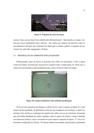 22




                            Figura 9: Trajet´ ria do centro de massa.
                                            o


mesmo, basta acessar http://www.cabrillo.edu/ dbrown/tracker/. Recomenda-se sempre veri-
                       ¸˜                         ¸˜
ﬁcar por novas atualizacoes desse software. Nas secoes que seguem s˜ o descritos todos os
                                                                   a
                                    ¸˜                                            ¸˜
procedimentos utilizados at´ a obtencao dos dados para as tabelas, gr´ ﬁcos e equacoes de mo-
                           e                                         a
vimento de cada robˆ , empregando o Tracker.
                   o


4.1           ¸˜
       PREPARACAO DO AMBIENTE PARA FILMAGEM


                                              ¸˜                            ´
      Primeiramente, antes de iniciar as gravacoes dos robˆ s em movimento, e feito o ajuste
                                                          o
correto da cˆ mera, de modo que seja poss´vel visualizar todo o campo ﬁgura 10. Neste caso, a
            a                            ı
cˆ mera ﬁca posicionada a aproximadamente dois metros acima do centro do campo.
 a




                  Figura 10: Campo de futebol de robˆ s utilizado nas ﬁlmagens.
                                                    o


      O uso de uma superf´cie que diminui o reﬂexo da luz, como o carpete na ﬁgura 10, e uma
                         ı
 a                                 e                                        ¸˜ ´
cˆ mera de boa qualidade, de preferˆ ncia acima de oito megapixels de resolucao, e muito im-
                                   ¸˜
portante. Pois, facilita-se a obtencao da trajet´ ria dos robˆ s com uso do Autotrack, ferramenta
                                                o            o
       a                        ¸˜                o                  a              ´
que ser´ melhor detalhada nas secoes seguintes. Ap´ s os ajustes de cˆ mera e campo e deﬁnido
                                                                                      ´
um referencial m´ trico, como o mostrado no canto superior esquerdo da ﬁgura 11. Este e fu-
                e
turamente conﬁgurado no Tracker. O software deﬁne uma medida, relacionando a quantidade
 