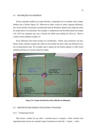 24


4.3           ¸˜
        DISTORCOES NAS MEDIDAS


      Foram realizadas medidas do campo ﬁlmado e comparado com as medidas, deste campo,
obtidas com o Tracker (ﬁgura 12). Observou-se ent˜ o, exceto no centro, algumas diferencas.
                                                 a                                     ¸
                            ¸˜
Isso ocorre devido as distorcoes causadas pela lente da ﬁlmadora. Quanto mais longe do centro
               ´            ¸˜
do campo maior e essa distorcao. Por exemplo, o comprimento real das linhas laterais do campo
´
e de 232,5 cm, enquanto que com o Tracker foi obtido uma medida de 224,4 cm. Pode-se
veriﬁcar outras medidas na ﬁgura 12.

                   ¸    a                             ¸˜
      Essas diferencas n˜ o foram levadas em consideracao. Por´ m, para minimizar este pro-
                                                              e
                                                           ´                     ¸˜ ´
blema, foram coletadas imagens dos robˆ s em movimento nas areas onde esta distorcao e me-
                                      o
nor ou praticamente nula. Por exemplo, para a captura do movimento angular os robˆ s foram
                                                                                 o
mantidos pr´ ximos ao c´rculo central do campo.
           o           ı




                  Figura 12: Campo de futebol de robˆ s utilizado nas ﬁlmagens.
                                                    o



4.4          ¸˜
        OBTENCAO DOS DADOS UTILIZANDO O TRACKER

4.4.1            ¸˜
         Conﬁguracao Inicial

                       a             ı                      ´
      Para iniciar a an´ lise de um v´deo, o primeiro passo e carregar o v´deo, fazendo uma
                                                                          ı
importacao deste atrav´ s do comando import, localizado no menu ﬁle → import → video
       ¸˜             e
 