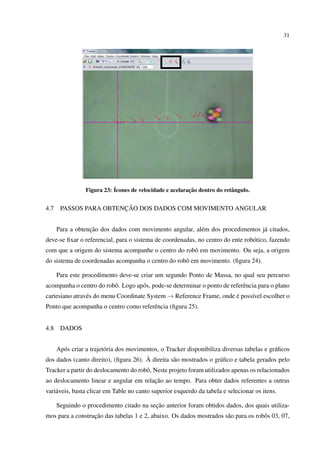 31




                            ´                             ¸˜
                 Figura 23: Icones de velocidade e acelaracao dentro do retˆ ngulo.
                                                                           a


4.7                     ¸˜
       PASSOS PARA OBTENCAO DOS DADOS COM MOVIMENTO ANGULAR


                  ¸˜
      Para a obtencao dos dados com movimento angular, al´ m dos procedimentos j´ citados,
                                                         e                      a
deve-se ﬁxar o referencial, para o sistema de coordenadas, no centro do ente rob´ tico, fazendo
                                                                                o
com que a origem do sistema acompanhe o centro do robˆ em movimento. Ou seja, a origem
                                                     o
do sistema de coordenadas acompanha o centro do robˆ em movimento. (ﬁgura 24).
                                                   o

      Para este procedimento deve-se criar um segundo Ponto de Massa, no qual seu percurso
acompanha o centro do robˆ . Logo ap´ s, pode-se determinar o ponto de referˆ ncia para o plano
                         o          o                                       e
cartesiano atrav´ s do menu Coordinate System → Reference Frame, onde e poss´vel escolher o
                e                                                     ´     ı
Ponto que acompanha o centro como referˆ ncia (ﬁgura 25).
                                       e


4.8    DADOS


    Ap´ s criar a trajet´ ria dos movimentos, o Tracker disponibiliza diversas tabelas e gr´ ﬁcos
       o                o                                                                  a
                                        `
dos dados (canto direito), (ﬁgura 26). A direita s˜ o mostrados o gr´ ﬁco e tabela gerados pelo
                                                   a                 a
Tracker a partir do deslocamento do robˆ , Neste projeto foram utilizados apenas os relacionados
                                       o
                                        ¸˜
ao deslocamento linear e angular em relacao ao tempo. Para obter dados referentes a outras
vari´ veis, basta clicar em Table no canto superior esquerdo da tabela e selecionar os itens.
    a

                                          ¸˜
      Seguindo o procedimento citado na secao anterior foram obtidos dados, dos quais utiliza-
                  ¸˜
mos para a construcao das tabelas 1 e 2, abaixo. Os dados mostrados s˜ o para os robˆ s 03, 07,
                                                                     a              o
 