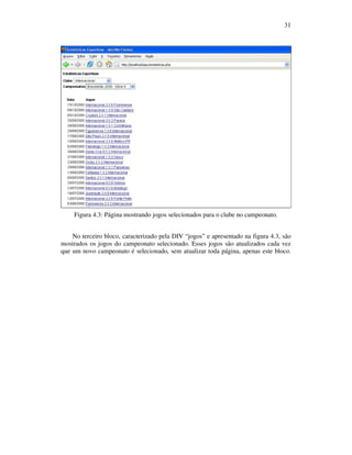 31

Figura 4.3: Página mostrando jogos selecionados para o clube no campeonato.
No terceiro bloco, caracterizado pela DIV “jogos” e apresentado na figura 4.3, são
mostrados os jogos do campeonato selecionado. Esses jogos são atualizados cada vez
que um novo campeonato é selecionado, sem atualizar toda página, apenas este bloco.

 