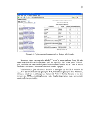 32

Figura 4.4: Página mostrando as estatísticas do jogo selecionado.
No quarto bloco, caracterizado pela DIV “notas” e apresentado na figura 4.4, são
mostradas as estatísticas dos jogadores para um jogo específico, como média de notas,
gols e assistências, conforme seleção do usuário feita no terceiro bloco. Como os blocos
anteriores, esse bloco é atualizado sem atualizar toda a página.
Demonstram-se, por este estudo de caso, as vantagens de utilizar os recursos de
AJAX no desenvolvimento de aplicações Web, tornando as aplicações mais dinâmicas,
rápidas e intuitivas. A utilização do framework Protoype facilita bastante o uso dos
recursos do AJAX, pois já implementa várias funções importantes para o uso correto
das tecnologias envolvidas.

 