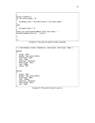 44

}
print("</table>");
if ($v_total_jogos > 0)
{
$v_media_total = $v_total_notas / $v_total_jogos;
}
else
{
$v_media_total = 0;
}
print("<p align=center>Média total das notas: " .
round($v_media_total,2) . "</p>");
}
?>

Listagem 4 : Descrição do arquivo medias_jogo.php.
* { font-family: Arial, Helvetica, sans-serif; font-size: 12px; }
#jogos
{
align: left;
border: 0px solid white;
font-size: 12px;
left: 20px;
position: absolute;
text-align: left;
top: 100px;
width: 350;
}
#notas
{
align: left;
border: 0px solid white;
font-size: 12px;
left: 400px;
position: absolute;
text-align: left;
top: 10px;
}

Listagem 5 : Descrição do arquivo ajax.css.

 