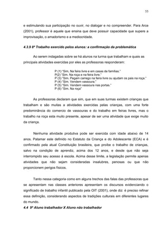 55



e estimulando sua participação no ouvir, no dialogar e no compreender. Para Arce
(2001), professor é aquele que ensina que deve possuir capacidade que supere a
improvisação, o amadorismo e a mediocridade.


4.3.9 8ª Trabalho exercido pelos alunos: a confirmação da problemática

      Ao serem indagadas sobre se há alunos na turma que trabalham e quais as
principais atividades exercidas por eles as professoras responderam:

                     P (1) “Sim, Na feira livre e em casas de famílias.”
                     P(2) “Sim. Na roça e na feira livre.”
                     P (3) “Sim. Pegam carrego na feira livre ou ajudam os pais na roça.”
                     P (4) “Sim. Vendem vassoura.”
                     P (5) “Sim. Vendem vassoura nas portas.”
                     P (6) “Sim. Na roça”


      As professoras declaram que sim, que em suas turmas existem crianças que
trabalham e são muitas a atividades exercidas pelas crianças, com uma forte
predominância do comercio de vassouras e do trabalho em feiras livres, mas o
trabalho na roça esta muito presente, apesar de ser uma atividade que exige muito
da criança.


      Nenhuma atividade produtiva pode ser exercida com idade abaixo de 14
anos. Patamar este definido no Estatuto da Criança e do Adolescente (ECA) e é
confirmado pela atual Constituição brasileira, que proíbe o trabalho de crianças,
salvo na condição de aprendiz, acima dos 12 anos, e desde que não seja
interrompido seu acesso á escola. Acima desse limite, a legislação permite apenas
atividades que não sejam consideradas insalubres, penosas ou que não
proporcionem perigos físicos.


      Tanto nessa categoria como em alguns trechos das falas das professoras que
se apresentam nas classes anteriores apresentam os discursos evidenciando o
significado de trabalho infantil publicado pela OIT (2001), onde diz: é preciso refinar
essa definição, considerando aspectos de tradições culturais em diferentes lugares
do mundo.
4.4 9ª Aluno trabalhador X Aluno não trabalhador
 