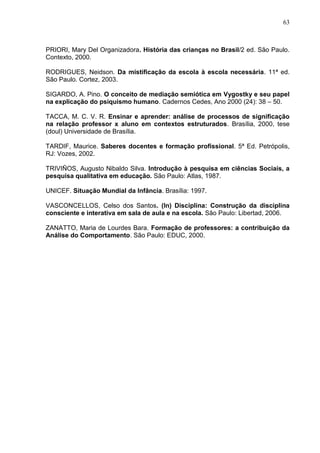 63



PRIORI, Mary Del Organizadora. História das crianças no Brasil/2 ed. São Paulo.
Contexto, 2000.

RODRIGUES, Neidson. Da mistificação da escola à escola necessária. 11ª ed.
São Paulo. Cortez, 2003.

SIGARDO, A. Pino. O conceito de mediação semiótica em Vygostky e seu papel
na explicação do psiquismo humano. Cadernos Cedes, Ano 2000 (24): 38 – 50.

TACCA, M. C. V. R. Ensinar e aprender: análise de processos de significação
na relação professor x aluno em contextos estruturados. Brasília, 2000, tese
(doul) Universidade de Brasília.

TARDIF, Maurice. Saberes docentes e formação profissional. 5ª Ed. Petrópolis,
RJ: Vozes, 2002.

TRIVIÑOS, Augusto Nibaldo Silva. Introdução à pesquisa em ciências Sociais, a
pesquisa qualitativa em educação. São Paulo: Atlas, 1987.

UNICEF. Situação Mundial da Infância. Brasília: 1997.

VASCONCELLOS, Celso dos Santos. (In) Disciplina: Construção da disciplina
consciente e interativa em sala de aula e na escola. São Paulo: Libertad, 2006.

ZANATTO, Maria de Lourdes Bara. Formação de professores: a contribuição da
Análise do Comportamento. São Paulo: EDUC, 2000.
 