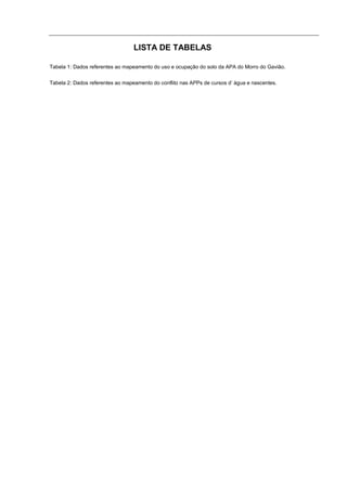 LISTA DE TABELAS

Tabela 1: Dados referentes ao mapeamento do uso e ocupação do solo da APA do Morro do Gavião.


Tabela 2: Dados referentes ao mapeamento do conflito nas APPs de cursos d’ água e nascentes.
 