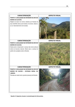 35




               CARACTERIZAÇÃO                                 ASPECTO VISUAL
PONTO 4: LOCALIZADO NO INTERIOR DA APA DO
MORRO DO GAVIÃO.
Região de topos de morros cobertos por floresta do
tipo ombrófila densa sub-montana. Ao fundo, observa-
se um desmatamento de encostas.




               CARACTERIZAÇÃO                                 ASPECTO VISUAL
PONTO 5: LOCALIZADO NO INTERIOR DA APA DO
MORRO DO GAVIÃO.
Neste ponto é observado o avanço das mono-culturas
sobre os recursos naturais. Neste caso, o avanço do
plantio de eucaliptos sobre a floresta.




               CARACTERIZAÇÃO                                 ASPECTO VISUAL
PONTO 6: LOCALIZADO NO INTERIOR DA APA DO
MORRO DO GAVIÃO – ESTRADA GERAL DA
LIMEIRA.
Percebe-se neste local a grande presença da floresta.




Quadro 2: Aspectos visuais e caracterização de três pontos.
 