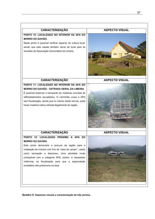 37




                 CARACTERIZAÇÃO                                ASPECTO VISUAL
 PONTO 10: LOCALIZADO NO INTERIOR DA APA DO
 MORRO DO GAVIÃO.
 Neste ponto é possível verificar aspecto de cultura local,
 sendo que esta capela também serve de local para as
 reuniões da Associação Comunitária da Limeira.




                 CARACTERIZAÇÃO                                ASPECTO VISUAL
 PONTO 11: LOCALIZADO NO INTERIOR DA APA DO
 MORRO DO GAVIÃO – ESTRADA GERAL DA LIMEIRA.
 É possível observar o transporte de madeiras oriundas de
 reflorestamentos (eucaliptos). O caminhão cruza a APA
 sem fiscalização, sendo que no interior deste veículo, pode
 haver madeira nativa retirada ilegalmente da região.




                 CARACTERIZAÇÃO                                ASPECTO VISUAL
 PONTO 12: LOCALIZADO PRÓXIMO A APA DO
 MORRO DO GAVIÃO.
 Este ponto demonstra a procura da região para a
 instalação de imóveis com fins de “casa de campo”, usado
 como recreação e descanso. Uma atividade muito
 compatível com a categoria APA, porém, é necessário
 melhorias na fiscalização para que a especulação
 imobiliária não predomine na área.




Quadro 4: Aspectos visuais e caracterização de três pontos.
 