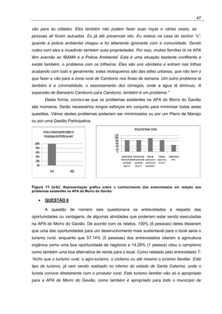 47

vão para as cidades. Eles também não podem fazer suas roças e várias vezes, as
pessoas ali foram autuadas. Eu já até presenciei isto. Eu estava na casa do senhor “x”,
quando a policia ambiental chegou e foi altamente ignorante com a comunidade. Sendo
rudes com eles e invadindo também suas propriedades. Por isso, muitas famílias lá na APA
têm aversão ao IBAMA e a Policia Ambiental. Esta é uma situação bastante conflitante e
existe também, o problema com os trilheiros. Eles são uns vândalos e entram nas trilhas
acabando com tudo e geralmente, estes motoqueiros são das elites urbanas, que não tem o
que fazer e vão para a zona rural de Camboriú nos finais de semana. Um outro problema lá
também é a criminalidade, o assoreamento dos córregos, onde a água lá diminuiu. A
expansão de Balneário Camboriú para Camboriú, também é um problema.”
       Desta forma, concluí-se que os problemas existentes na APA do Morro do Gavião
são inúmeros. Serão necessários longos esforços em conjunto para minimizar todas estas
questões. Vários destes problemas poderiam ser minimizados ou por um Plano de Manejo
ou por uma Gestão Participativa.




Figura 11 (a-b): Representação gráfica sobre o conhecimento dos entrevistados em relação aos
problemas existentes na APA do Morro do Gavião.

   •   QUESTÃO 6

       A questão de número seis questionava os entrevistados a respeito das
oportunidades ou vantagens, de algumas atividades que poderiam estar sendo executadas
na APA do Morro do Gavião. De acordo com os relatos, 100% (8 pessoas) deles disseram
que uma das oportunidades para um desenvolvimento mais sustentavel para o local seria o
turismo rural, enquanto que 57.14% (5 pessoas) dos entrevistados citaram a agricultura
orgânica como uma boa oportunidade de negócios e 14.28% (1 pessoa) citou o campismo
como também uma boa alternativa de renda para o local. Como relatado pelo entrevistado 7:
“Acho que o turismo rural, o agro-turismo, o ciclismo ou até mesmo o turismo familiar. Este
tipo de turismo, já vem sendo realizado no interior do estado de Santa Catarina, onde o
turista convive diretamente com o produtor rural. Este turismo familiar não só é apropriado
para a APA do Morro do Gavião, como também é apropriado para todo o município de
 