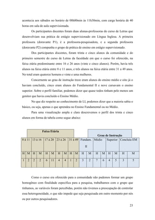 acontecia aos sábados no horário de 08h00min às 11h30min, com carga horária de 40
horas em sala de aula supervisionada.
        Os participantes docentes foram duas alunas-professoras do curso de Letras que
desenvolviam sua prática de estágio supervisionado em Língua Inglesa. A primeira
professora (doravante P1), é a professora-pesquisadora, e a segunda professora
(doravante P2) compunha o grupo de prática de ensino em estágio supervisionado.
        Dos participantes discentes, foram trinta e cinco alunos da comunidade e do
primeiro semestre do curso de Letras da faculdade em que o curso foi oferecido, na
faixa etária predominante entre 16 e 26 anos (vinte e cinco alunos). Porém, havia três
alunos na faixa etária entre 8 e 11 anos, e três alunos na faixa etária entre 31 a 49 anos.
No total eram quatorze homens e vinte e uma mulheres.
        Concernente ao grau de instrução treze eram alunos do ensino médio e oito já o
haviam concluído, cinco eram alunos do Fundamental II e nove cursavam o ensino
superior. Sobre o perfil familiar, podemos dizer que quase todos tinham pelo menos um
genitor que havia concluído o Ensino Médio.
        No que diz respeito ao conhecimento de LI, podemos dizer que a maioria sabia o
básico, ou seja, apenas o que aprendeu no Ensino Fundamental ou no Médio.
        Para uma visualização ampla e clara descrevemos o perfil dos trinta e cinco
alunos em forma de tabela como segue abaixo:



                  Faixa Etária
                                                         Grau de Instrução
8 à 11 13 à 16     17 à 20 23 à 26     31 à 49 Fundam. Médio Superior Concluiu EM

                                                     II

H M H        M      H   M      H   M H M        H         M   H   M   H    M      H       M

1   2    2    2     6   11     4   4    1   2    3        2   7   6   4     5     3       5




        Como o curso era oferecido para a comunidade não pudemos formar um grupo
homogêneo com finalidade especifica para a pesquisa, trabalhamos com o grupo que
tínhamos, as variáveis foram percebidas, porém não tivemos a preocupação de controlar
essa heterogeneidade, o que não impede que seja pesquisada em outro momento por nós
ou por outros pesquisadores.

                                                                                        23
 
