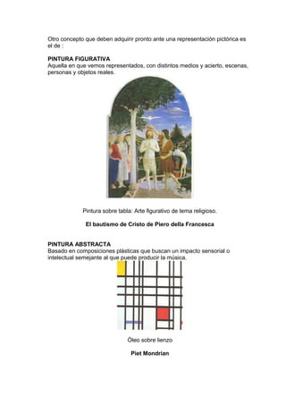 Otro concepto que deben adquirir pronto ante una representación pictórica es
el de :
PINTURA FIGURATIVA
Aquella en que vemos representados, con distintos medios y acierto, escenas,
personas y objetos reales.
Pintura sobre tabla: Arte figurativo de tema religioso.
El bautismo de Cristo de Piero della Francesca
PINTURA ABSTRACTA
Basado en composiciones plásticas que buscan un impacto sensorial o
intelectual semejante al que puede producir la música.
Óleo sobre lienzo
Piet Mondrian
 