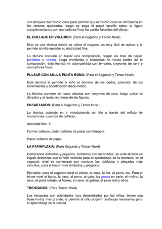 con témpera del mismo color para permitir que el mismo color se introduzca en
las ranuras quebradas, luego se pega el papel lustrillo sobre la figura
complementando con marcadores finos las partes faltantes del dibujo.
EL COLLAGE EN VOLUMEN: (Para el Segundo y Tercer Nivel)
Esta es una técnica donde se utiliza el rasgado, es muy fácil de aplicar y le
permite al niño ejercitar su motricidad fina.
La técnica consiste en hacer una composición, rasgar las tiras de papel,
periódico o revista, luego enrollarlas y colocarlas en varias partes de la
composición, está técnica va acompañada con témpera, creyones de cera y
marcadores finos.
PULSAR CON AGUJA PUNTA ROMA: (Para el Segundo y Tercer Nivel)
Esta técnica le permite al niño el dominio de los dedos, precisión de los
movimientos y coordinación disco-motriz.
La técnica consiste en hacer siluetas con creyones de cera, luego pulsar al
derecho y al revés las líneas de las figuras.
ENSARTADOS: (Para el Segundo y Tercer Nivel)
La técnica consiste en ir introduciendo un hilo a través del orificio de
macarrones, cuencas de collares.
Actividad Nro. 1:
Formar collares, pintar collares de pasta con témpera.
Hacer collares de papel.
LA PAPINFLEXIA: (Para Segundo y Tercer Nivel)
Comprende doblados y pegados. Doblados con recortados: en esta técnica se
logran destrezas que el niño necesita para el aprendizaje de la escritura, en el
segundo nivel se comienzan por nombrar los doblados y plegados más
sencillos, para el tercer nivel doblados y plegados.
Ejemplos: para el segundo nivel el velero, la casa, la flor, el perro, etc. Para el
tercer nivel el barco, la casa, el perro, el gato, los peces en serie, el molino, la
rana, el porta retrato, el florero, el cisne, la gallina, el pavo real y otros.
TRENZADOS: (Para Tercer Nivel)
Los trenzados son actividades muy desarrolladas por los niños, tienen una
base motriz muy grande, le permite al niño adquirir destrezas necesarias para
el aprendizaje de la cultura.
 