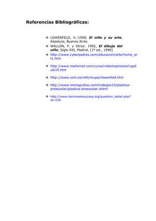 Referencias Bibliográficas:
 LOWENFELD, V.:1958, El niño y su arte,
Kapelusz, Buenos Aires.
 WALLON, P. y Otros: 1992, El dibujo del
niño, Siglo XXI, Madrid, [1º ed., 1990]
 http://www.cyberpadres.com/educacion/arte/home_ar
t1.htm
 http://www.mailxmail.com/curso/vida/expresion/capit
ulo10.htm
 http://www.ucm.es/info/mupai/lowenfeld.htm
 http://www.monografias.com/trabajos15/plastica-
preescolar/plastica-preescolar.shtml
 http://www.losninosensucasa.org/question_detail.php?
id=236
 