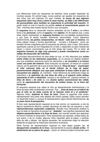 Las diferencias entre los esquemas de distintos niños pueden depender de
muchas causas. En primer lugar, nunca podrían ser iguales los esquemas de
dos niños que son distintos. En gran medida, la causa de que algunos
esquemas sean muy ricos y otros lo sean menos, se debe a las diferencias
de personalidad, pero también es importante la actividad del maestro. El
grado hasta el cual el maestro ha podido activar el conocimiento pasivo del
niño, mientras éste estaba dando forma a sus conceptos.
El esquema tiene su desarrollo máximo alrededor de los 7 años y se refiere
tanto a las personas, como al espacio y los objetos. Es de esperar que a esta
edad, logren representar un esquema humano con sus detalles característicos
y que para el adulto resulten fácilmente reconocibles. Como dijéramos
anteriormente, las partes componentes, no tienen valor por sí mismas, los
niños utilizan líneas y formas geométricas -círculos o triángulos- como así
también formas irregulares para el esquema de piernas, ojos o ropa. Sólo tienen
significado cuando se ven integrados en el todo, y dependen en gran medida del
mayor o menor conocimiento que el niño tenga del cuerpo. Por lo tanto, el
esquema humano es algo muy personal y puede considerarse como un
reflejo del desarrollo del individuo.
El principal descubrimiento de esta etapa es que el niño descubre que existe
cierto orden en las relaciones espaciales, ya no piensa en objetos aislados
sino que establece relaciones entre los elementos y se considera a sí mismo
como una parte del entorno. Esta evolución se expresa, al menos en nuestra
cultura, por la aparición de lo que el autor llama la "línea de base”, al principio
el niño colocará todo en el borde inferior de la hoja de papel;
posteriormente dibujará una raya para simbolizar la base sobre la que se
encuentran los objetos. (A. Cambier) Esta referencia de ordenación luego se
extenderá a la aparición de una línea de cielo y el espacio entre ambas
representa el aire o atmósfera. Aunque a los adultos les parezca extraño, la
línea de tierra y de cielo es una ilusión óptica convencional tan válida,
como la representación del encuentro de ambas líneas, en la línea del
horizonte.
El esquema espacial que utiliza el niño es absolutamente bidimensional y la
línea de base está considerada universal. "La … línea de base es el indicio de
que el niño se ha dado cuenta de la relación entre él y el ambiente".
Algunos niños, duplican la línea de base. Sitúan la segunda más arriba,
representando otra parte más alejada del mismo paisaje. Estos casos denotan
un desarrollo mayor y, aunque la representación sigue siendo bidimensional, es
un paso hacia la perspectiva.
Si bien esta representación espacial es la más común, en ocasiones, a raíz de
alguna experiencia afectiva, pueden desviarse de este tipo de esquema y usar
representaciones espaciales subjetivas. Resulta muy interesante analizar lo
que ha dado en llamarse el proceso de "doblado", que significa representar los
objetos perpendiculares a la línea de base, aún cuando resulte que aparecen
en forma invertida al observador. Para representar por ejemplo, ambos lados de
una acera, o de un muelle, algunos niños necesitan girar el papel, o cambiar
ellos de sitio y dibujar las figuras opuestas. Se comprende mejor la intención
doblando el papel por la mitad para reconstruir la escena.
Otras formas de representación espacial en esta etapa pueden ser, la
desaparición completa de la línea, representando la escena desde arriba. El
abatimiento de un plano de apoyo, - poner en vertical el plano horizontal- para
 