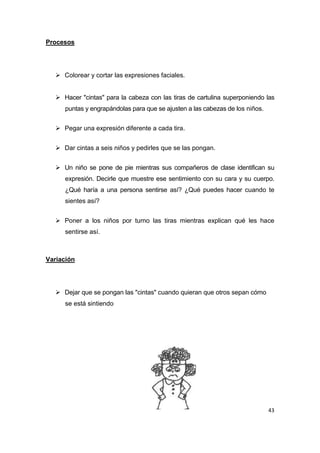 Procesos




   Colorear y cortar las expresiones faciales.


   Hacer "cintas" para la cabeza con las tiras de cartulina superponiendo las
     puntas y engrapándolas para que se ajusten a las cabezas de los niños.


   Pegar una expresión diferente a cada tira.


   Dar cintas a seis niños y pedirles que se las pongan.


   Un niño se pone de pie mientras sus compañeros de clase identifican su
     expresión. Decirle que muestre ese sentimiento con su cara y su cuerpo.
     ¿Qué haría a una persona sentirse así? ¿Qué puedes hacer cuando te
     sientes así?


   Poner a los niños por turno las tiras mientras explican qué les hace
     sentirse así.



Variación




   Dejar que se pongan las "cintas" cuando quieran que otros sepan cómo
     se está sintiendo




                                                                              43
 
