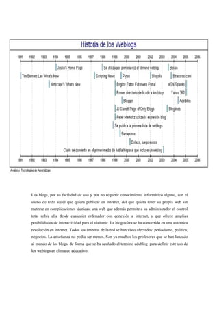 Los blogs, por su facilidad de uso y por no requerir conocimiento informático alguno, son el
sueño de todo aquél que quiera publicar en internet, del que quiera tener su propia web sin
meterse en complicaciones técnicas, una web que además permite a su administrador el control
total sobre ella desde cualquier ordenador con conexión a internet, y que ofrece amplias
posibilidades de interactividad para el visitante. La blogosfera se ha convertido en una auténtica
revolución en internet. Todos los ámbitos de la red se han visto afectados: periodismo, política,
negocios. La enseñanza no podía ser menos. Son ya muchos los profesores que se han lanzado
al mundo de los blogs, de forma que se ha acuñado el término edublog para definir este uso de
los weblogs en el marco educativo.
 