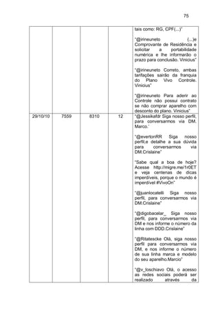 75

                              tais como: RG, CPF(...)”

                              “@irineuneto              (...)e
                              Comprovante de Residência e
                              solicitar   a    portabilidade
                              numérica e lhe informarão o
                              prazo para conclusão. Vinicius”

                              “@irineuneto Correto, ambas
                              tarifações sairão da franquia
                              do Plano Vivo Controle.
                              Vinicius”

                              “@irineuneto Para aderir ao
                              Controle não possui contrato
                              se não comprar aparelho com
                              desconto do plano. Vinicius”
29/10/10   7559   8310   12   “@Jessikafdr Siga nosso perfil,
                              para conversarmos via DM.
                              Marco.’

                              “@evertonRR      Siga   nosso
                              perfil,e detalhe a sua dúvida
                              para      conversarmos     via
                              DM.Crislaine”

                              “Sabe qual a boa de hoje?
                              Acesse http://migre.me/1r0ET
                              e veja centenas de dicas
                              imperdíveis, porque o mundo é
                              imperdível #VivoOn”

                              “@juanlocatelli Siga nosso
                              perfil, para conversarmos via
                              DM.Crislaine”

                              “@digobacelar_ Siga nosso
                              perfil, para conversarmos via
                              DM e nos informe o número da
                              linha com DDD.Crislaine”

                              “@Ritatescke Olá, siga nosso
                              perfil para conversarmos via
                              DM, e nos informe o número
                              de sua linha marca e modelo
                              do seu aparelho.Marcio”

                              “@v_loschiavo Olá, o acesso
                              as redes sociais poderá ser
                              realizado    através     da
 