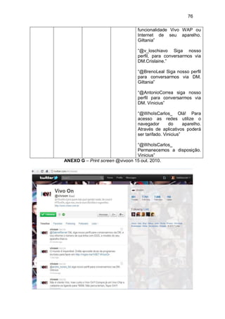 76

                               funcionalidade Vivo WAP ou
                               Internet de seu aparelho.
                               Giltania”

                               “@v_loschiavo Siga nosso
                               perfil, para conversarmos via
                               DM.Crislaine.”

                               “@BrenoLeal Siga nosso perfil
                               para conversarmos via DM.
                               Giltania”

                               “@AntonioCorrea siga nosso
                               perfil para conversarmos via
                               DM. Vinicius”

                               “@WhoIsCarlos_ Olá! Para
                               acesso as redes utilize o
                               navegador       do      aparelho.
                               Através de aplicativos poderá
                               ser tarifado. Vinicius”

                                “@WhoIsCarlos_
                                Permanecemos a disposição.
                                Vinicius”
ANEXO G – Print screen @vivoon 15 out. 2010.
 